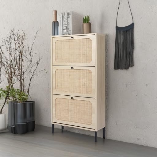 ZeHuoGe Natural Rattan Cabinet with 3 Flip Drawers, Free Standing Modern 3-Tier Shoe Storage Rack for Heels, Slippers, Entrance Hallway Entryway (3 Drawers) ZeHuoGe