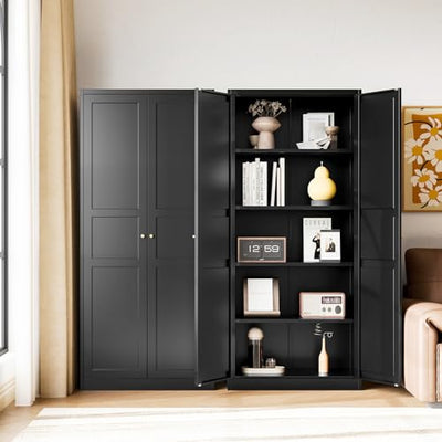 Letaya Black Storage Cabinet with Adjustable Shelves-Metal Home Kitchen Pantry Cabinets with Doors,Organization Locker for Cupboard/Bedroom/Dining/Living/Bathroom/Office/Garage Room