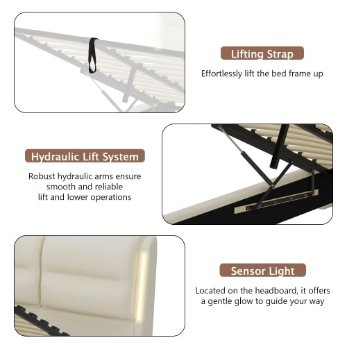 anwickjeff Murphy Bed Queen with Hydraulic Storage System, LED Light and USB Ports, Lift Up Storage Bed Frame Queen Size with Soft Headboard,Modern Queen Upholstered Bed, No Box Spring Needed (Beige) anwickjeff