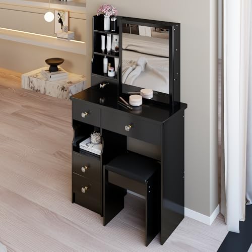 Montary 29.2" Small Size Vanity Desk with Drawers & Sliding Mirror, Cushioned Stool Included, Multi-Layer Storage, Hidden Compartments,Practical & Fashionable Dresser for Small Spaces,Black Montary