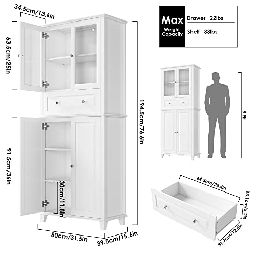 FACBOTALL 76'' Kitchen Pantry Storage Cabinet, Pantry Cabinet, Freestanding Kitchen Cupboard with Large Drawer, Doors, and Adjustable Shelves for Dining Room, Living Room, Laundry, White FACBOTALL