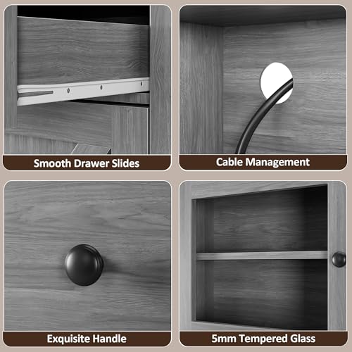 IDEALHOUSE 63" Kitchen Pantry Cabinet with Drawers, Hutch Cabinet with Storage, Microwave Stand, Adjustable Shelves, Freestanding Tall Pantry Storage for Dining Room, Living Room, Grey IDEALHOUSE