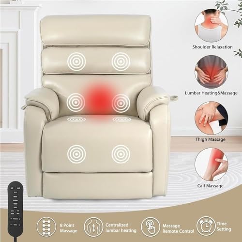Cream White Genuine Leather Dual Motor Lift Recliner Chair for Elderly Adults with Heat Massage Lay Flat Function Comfortable Sofa Heavy Duty Seating SDKOLPBNMZX