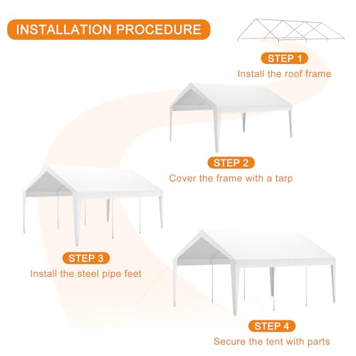 Garvee Carport, 10 ft x20 ft Extra Large Heavy Duty Carport, Portable Heavy Duty Garage Shelter with 8 Legs, Garage Tent for Car, Truck, SUV, Car Canopy with All-Season Tarp - White Garvee