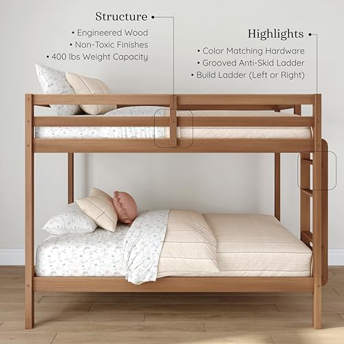 Grain & Grove Bear Twin Over Twin Bunk Bed, Sturdy Bunk Bed Frame for Kids, Plywood Bunk with Ladder, Guardrail, and Slats, No Box Spring Required, Oak Embossed Pecan Grain & Grove