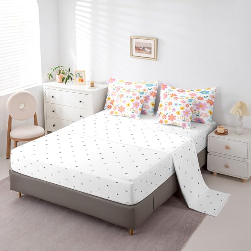 Feelyou Cute Flower 7 Piece Bedding Set Twin Size Kids Cartoon Cute Floral Bed in a Bag for Kids Girls Teens Toddler Yellow Pink Comforter Set with Sheets Kawaii Bed Set Feelyou