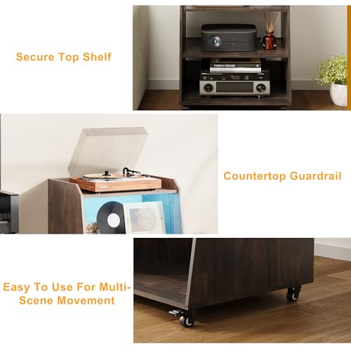 Rresyet 22.1" Record Player Stand with Charging Station & LED Lights,4-Tier Vinyl Record Storage with Wheel & Open Divided Shelves, Record Cabinet for Music Room, Living Room Rresyet