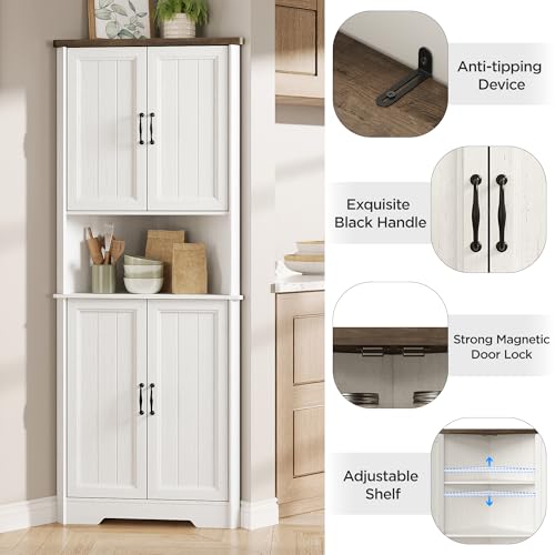 Vabches Tall Corner Cabinet, Corner Bathroom Cabinet, 67" Farmhouse Storage Cabinet with 4 Doors and Adjustable Shelves, Home Space Saver for Bathroom, Kitchen, Living Room, Pantry, White Vabches