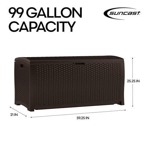 Suncast DBW9200 99 Gallon Outdoor Wicker Plastic Patio Storage Chest Bin with Handles for Patio, Garden, Garage, or Pool for All Weather, Mocha Suncast