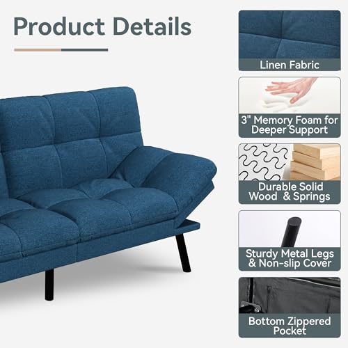 AMICLIBER Futon Sofa Bed Convertible Couch, Blue Linen Sofa Bed with Memory Foam, Adjustable Backrest & Armrests, Multifunctional Small Loveseat Sleeper Sofa for Living Room, Apartment, Office AMICLIBER
