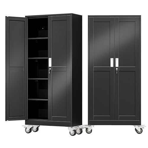 AUEYTVR 71" Tall Metal Garage Storage Cabinet with Wheels and Locking Doors and Tall Rolling Steel Tool Cabinet with 4 Adjustable Shelves for Garage,Home,Office,Shop (Black) AUEYTVR