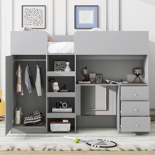 Harper & Bright Designs Full Size Loft Bed with Desk, Wood Full Loft Bed Frame with Built-in Wardrobe, Storage Shelves and Drawers, Gray Harper & Bright Designs