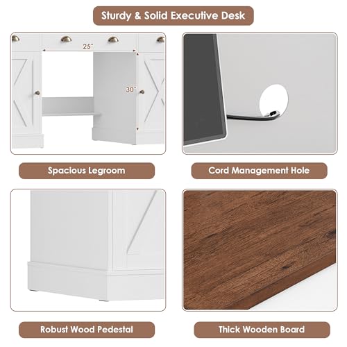 Keyluv 75" Executive Desk with Hutch and Drawers, Computer Desk with Glass Door and Storage Cabinet, 63" W Large Farmhouse Workstation for Home Office Study Writing Gaming Table, White Keyluv