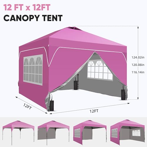 GDY 12x12FT Pop Up Canopy Tent with One Push Setup, Easy to Install with 4-Sidewalls for Events, Parties, Camping, Outdoor Gazebo with 4-Sandbags and Wheel Bag, Pink. GDY