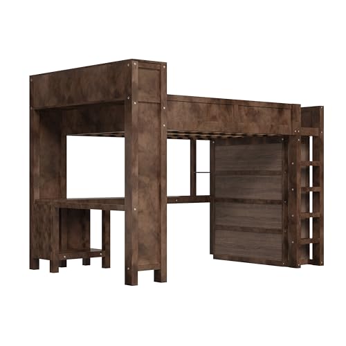 CKLMMC Wooden Queen Loft Bed with Desk, Headboard with Storage and USB, Space-Saving Modern Design for Small Rooms (Brown-Q1) CKLMMC