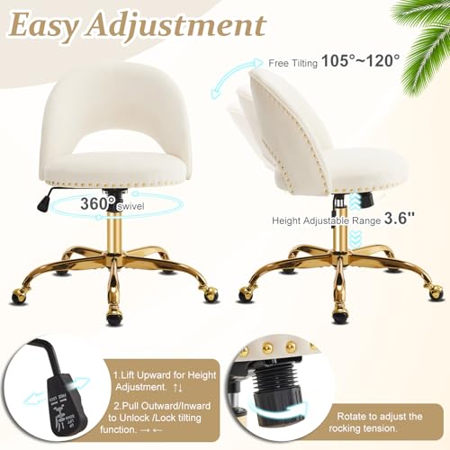 VINGLI Modern Velvet Small Office Chair,Cute Desk Chair with Wheels,Gold Base/Studs, Comfy Armless Swivel Vanity Task Chair for Women/Girl/Kids, Nail Tech Chair for Bedroom,Small Space,White VINGLI