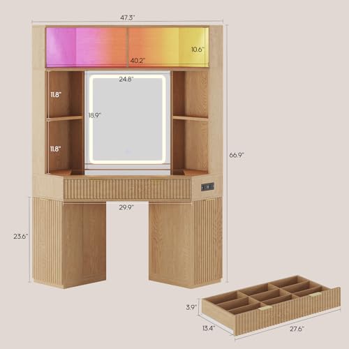 HAUOMS Corner Vanity, with Bag Showcase, LED Lights, Fluted Wood Luxury Makeup Vanity Desk with Mirror, Big Dressing Table with Glass Top, Cabinets, Shelves, Drawers, Charging Station (Oak) HAUOMS