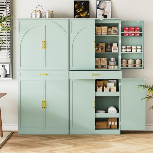 HQZX 71’’ Tall Kitchen Pantry Cabinet, Pantry Storage Cabinet with 6 Doors Shelves, Large Drawer & 2 Pull Out Shelves, Freestanding Cupboard for Kitchen, Dining Room, Green HQZX