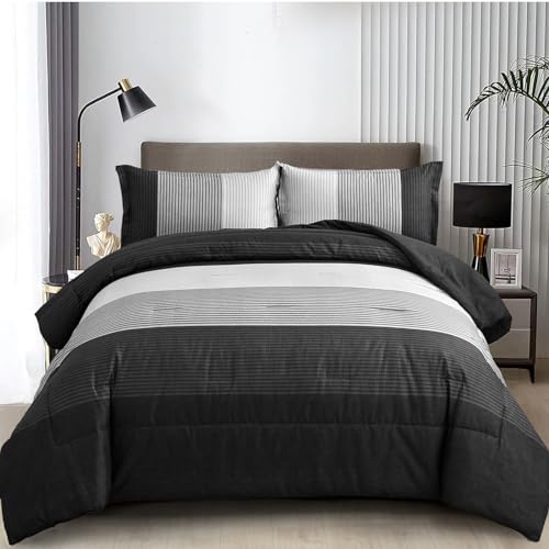 WONGS BEDDING Black Comforter Twin, Black Grey Striped Patchwork Down Alternative Comforter Set for Twin Bed, 2 Pieces(1 Comforter+1 Pillowcase), Soft Microfiber Bedding Duvet Insert 68"×86" WONGS BEDDING