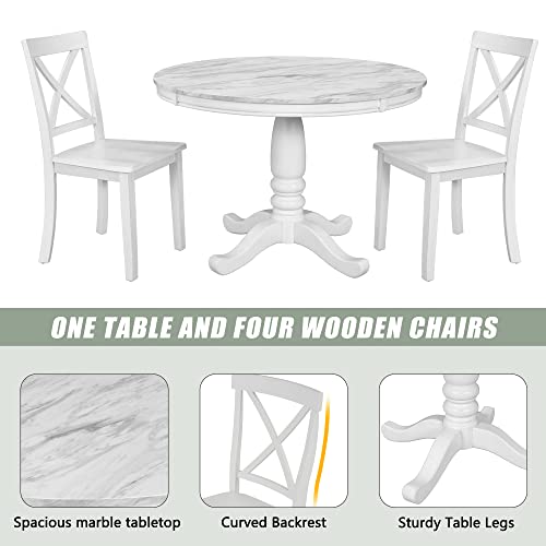 Merax Round Dining Table Set for 4, 5-Piece Faux Marble Kitchen Table Set with 4 Chairs, Farmhouse Table and Chairs Set for Kitchen, Dining Room, Small Space, White Merax