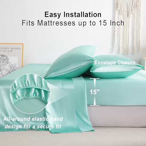 NTBAY Silk Satin Twin Sheet Set, 3-Piece Luxury and Soft Bedding Set Cooling Silky Sheets for Hair and Skin, Includes 1 Pillowcase, 1 Flat Sheet, 1 Fitted Sheet with Deep Pocket, Turquoise Blue NTBAY