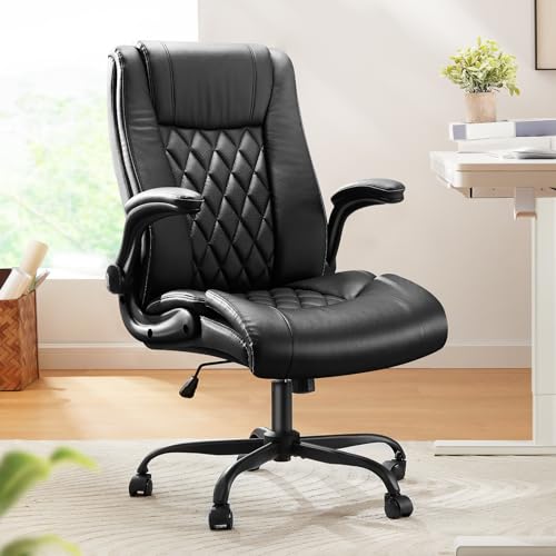 Marsail Executive Office Chair with Flip-up Armrests,PU Leather Ergonomic Desk Chair Height-Adjustable Swivel Rolling Computer Desk Chair,Black Marsail