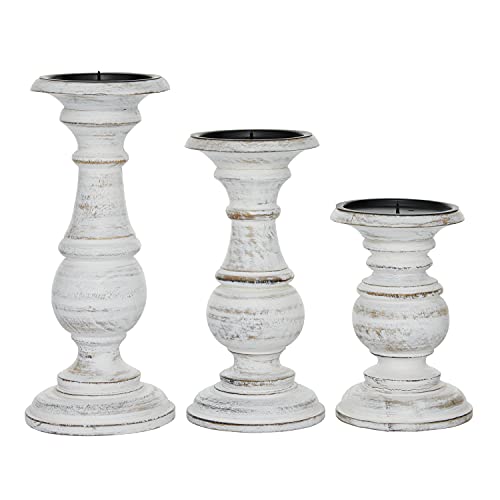 Deco 79 Mango Wood Decorative Candle Holder Turned Style Pillar Candle Stand, Set of 3 Candlestick Holder 10", 8", 6”H, White Deco 79
