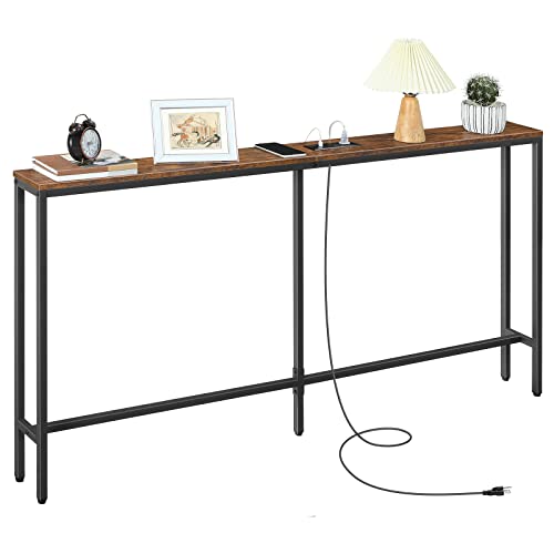 MAHANCRIS 63'' Skinny Console Table with Charging Station, Narrow Long Sofa Couch Table, Easy Assembly, Entryway Table for Living Room, Foyer, Hallway, Rustic Brown CTHR165E01Z1 MAHANCRIS