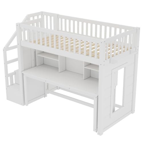 Bellemave Twin Size Low Loft Bed with Movable Desk & Storage Shelves, Kids Twin Loft Bed Frame with Storage Stairs & Hanger, White Bellemave
