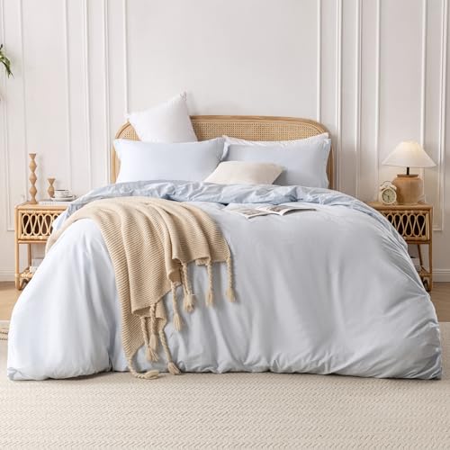 Yibeizi Light Blue 100% Washed Cotton Linen Like Duvet Cover Set Full Size, 3 Pieces, 1 Duvet Cover 80x90 Inches and 2 Pillow Shams, Soft Breathable Comforter Covers Zipper Closure Yibeizi
