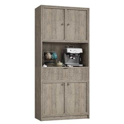IDEALHOUSE Tall Storage Cabinet, 70" Kitchen Pantry Cabinet with Doors, Fluted Kitchen Hutch Cupboard with Microwave Shelf & Drawer, Freestanding Cupboard for Dining Room, Living Room, Gray IDEALHOUSE