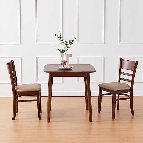 Livinia Cabin Dining Chair Set of 2, Solid Malaysian Oak PU Leather Upholstered Cushion Seat Wooden Ladder Back Side Chairs (Walnut) Assembly Livinia