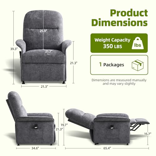 UMBFUN Power Recliner Chair with Remote Control, 21" Wide Seat Small Recliners with Side Pocket for Adults, Thick Cushions Chair for Living Room & Bedroom, Light Grey