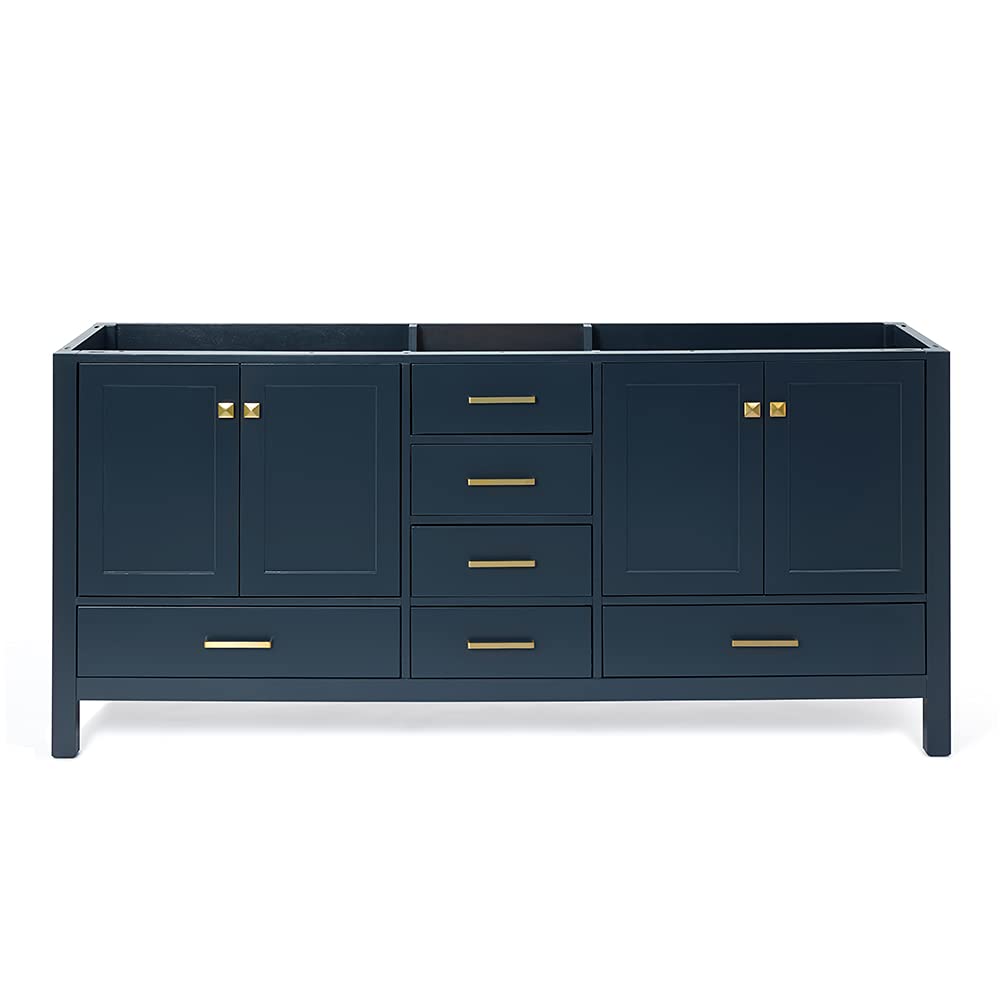 ARIEL 72" Midnight Blue Double Bathroom Vanity Base Cabinet, Double Sink Configuration, 2 Soft Closing Doors, 9 Full Extension Dovetail Drawers, Satin Brass ARIEL