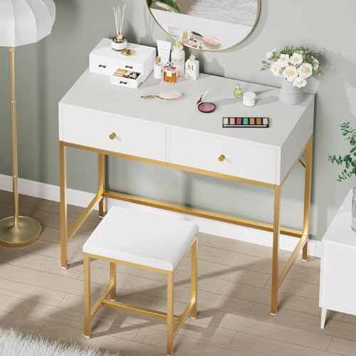 SUPERJARE 35.4" White and Gold Desk with 2 Drawers, Modern Makeup Vanity Desk with Padded Stool, Small Computer Desk Home Office Desk for Writing Study Bedroom SUPERJARE