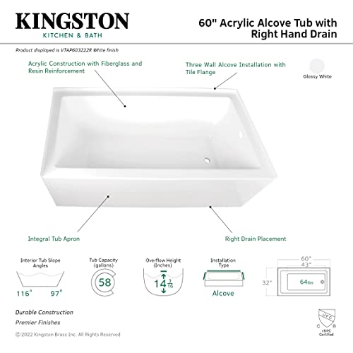 Aqua Eden VTAP603222R 60-Inch Acrylic 3-Wall Alcove Tub with Right Hand Drain Hole, White Kingston Brass