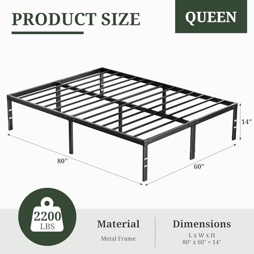 Queen Size Bed Frame, 14 Inch Metal Platform Bed Frames with Heavy Duty Steel Slat Support, No Box Spring Needed, Easy Assembly, Under Bed Storage SageNest