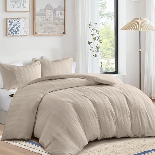Madison Park Essentials Striped Duvet Cover Set Queen, Modern Minimalist Bedding Set with Premium Jacquard Stripe, 3 Pieces Duvet Cover Reversible with Zipper Closure & Corner Ties,Neutral Madison Park Essentials