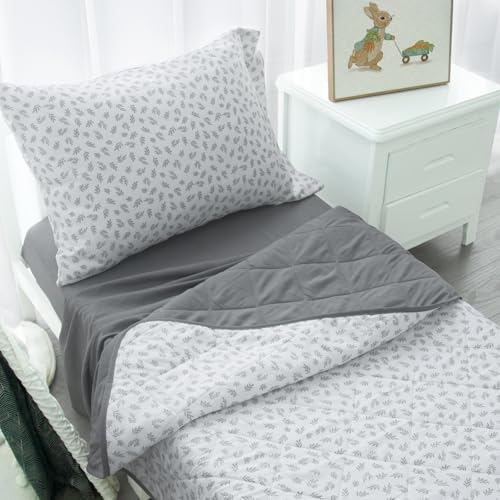 Biloban 4 Piece Toddler Bedding Set,Ultra Soft and Breathable Crib Bedding Set,Includes Quilted Comforter,Fitted Sheet,Flat Top Sheet and Envelope Pillowcase for Boys and Girls,Grey & Leaf Biloban