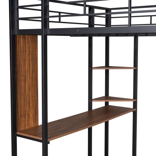 Bellemave Full Size Loft Bed with Desk and 2 Shelves, Metal Loft Bed Frame with 2 Ladders and Guardrails for Kids Teens (Black/Full) Bellemave