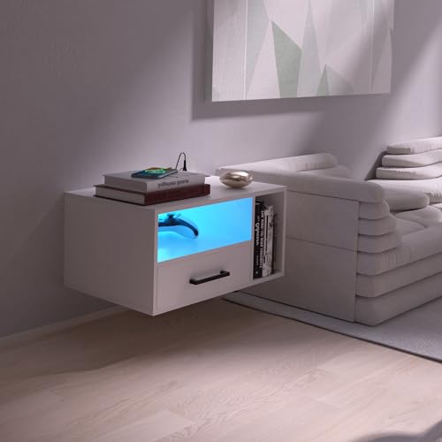 Bloddream Floating Nightstand with Charging Station and LED Light Strips, 21.3" Bedside Table with Drawers,Floating Bedside with USB Ports and Outlets, Bedroom Furniture Bloddream