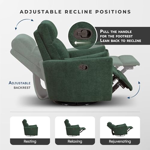 Lexicon Modern Swivel Glider Recliner Chair - Quiet 360 Swivel Chair, Durable Microfiber Upholstered, 2 Pillows, Manual Reclining for Living Room, Small Spaces, Nursery, Apartment, Bedroom, Green