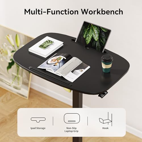 WALKINGDESK Foldable Pneumatic Height Adjustable Mobile Standing Desk with 90° Tiltable Tabletop, 27.2x18.9 Inch Portable Laptop Desk with Wheels, Holds Up to 66.1lbs for Home Office, Study, Black WALKINGDESK