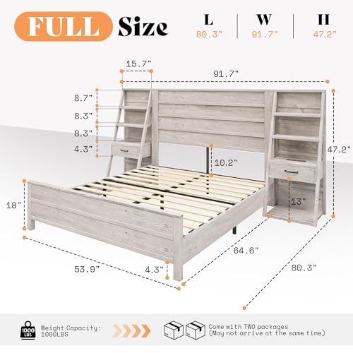LUXOAK Full Bed Frame with Bookcase Headboard & 4-Tier Bedside Shelf, Farmhouse Platform Bed with Charging Station and 2 Drawers, Noise-Free, No Box Spring Needed, Rustic White LUXOAK
