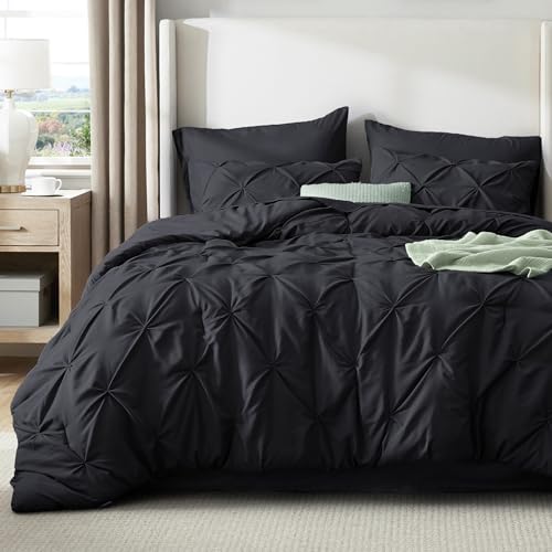 Bedsure Oversized King Comforter Set Black - Bed in a Bag Bedding Set 7 Pieces, GentleSoft™ Pintuck Bed Set Gift for Family, Pinch Pleat Black Comforter with Sheets, Pillowcases & Shams Bedsure
