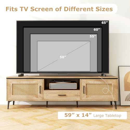 Tangkula Boho TV Stand for 65 Inch TVs, Mid Century Modern Media Entertainment Center with Drawer, 2 Cabinets with Rattan Doors, Metal Legs, Cable Hole, TV Console Table for Living Room (Oak) Tangkula