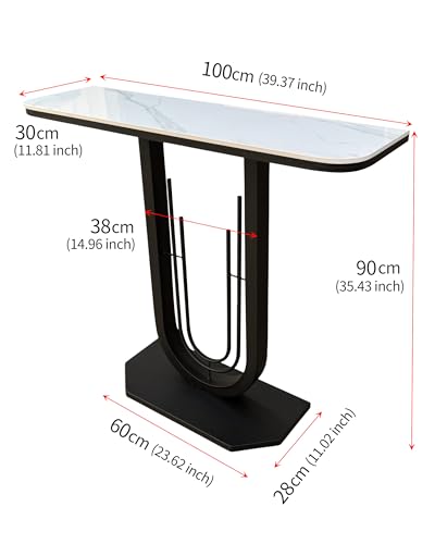 39.37'' Rectangle Narrow Console Table with Marble Top, Elegant Sofa Table Modern Entryway Tables, Round-Shaped Metal Frame, for Entry, Behind Sofa Couch, Entrance, White & Black Metal Base Cre Cra
