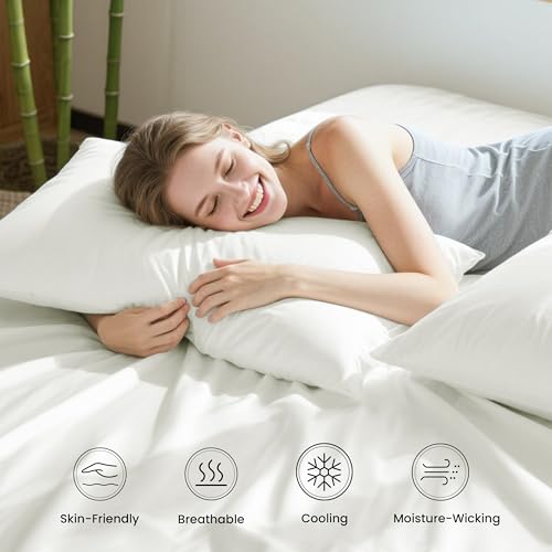 Love's cabin 4 Piece Queen Sheet Set, Cooling Sheets, 100% Rayon Derived from Bamboo, Breathable & Soft Queen Size Bed Set, Deep Pocket Up to 16", Hotel Luxury Silky Bedding Sheets, White Love's cabin