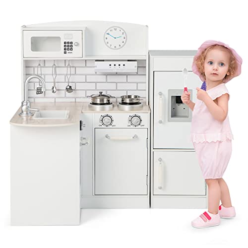HONEY JOY Corner Kids Kitchen Playset, Little Chef Wooden Play Kitchen for Toddlers, Water Dispenser, Microwave, Range Hood, Refrigerator, Cookware, Modular Pretend Toy Kitchen Set w/Lights & Sounds HONEY JOY