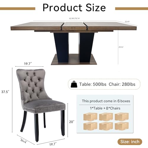 HomVent 9 Piece Extendable Dining Table Set for 8 with Chairs, 63"-78.7" 8 Person Dining Room Table Sets for 4-10 People, Wood Rectangle Farmhouse Expandable Kitchen Table Chairs Set of 8, Dinner Set HomVent